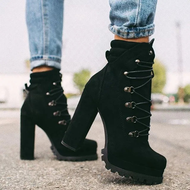 Women's suede ankle boots with thick high heels, round toe, and buckle details in army green