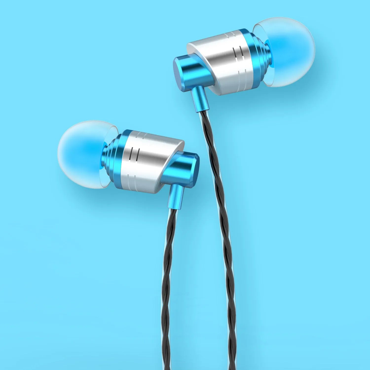 Black, blue, and red in-ear wired headphones with 3.5mm plug, TPE cable, and in-line microphone