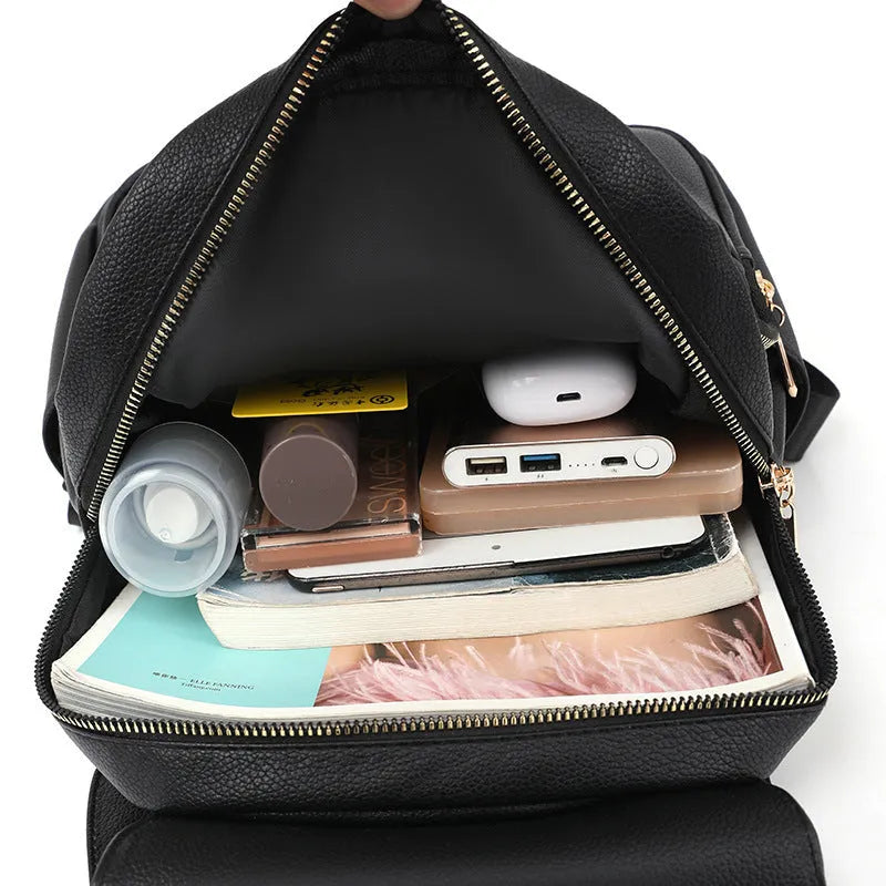 Women's casual leather backpack in street trend style with three-dimensional pocket and soft Pu construction