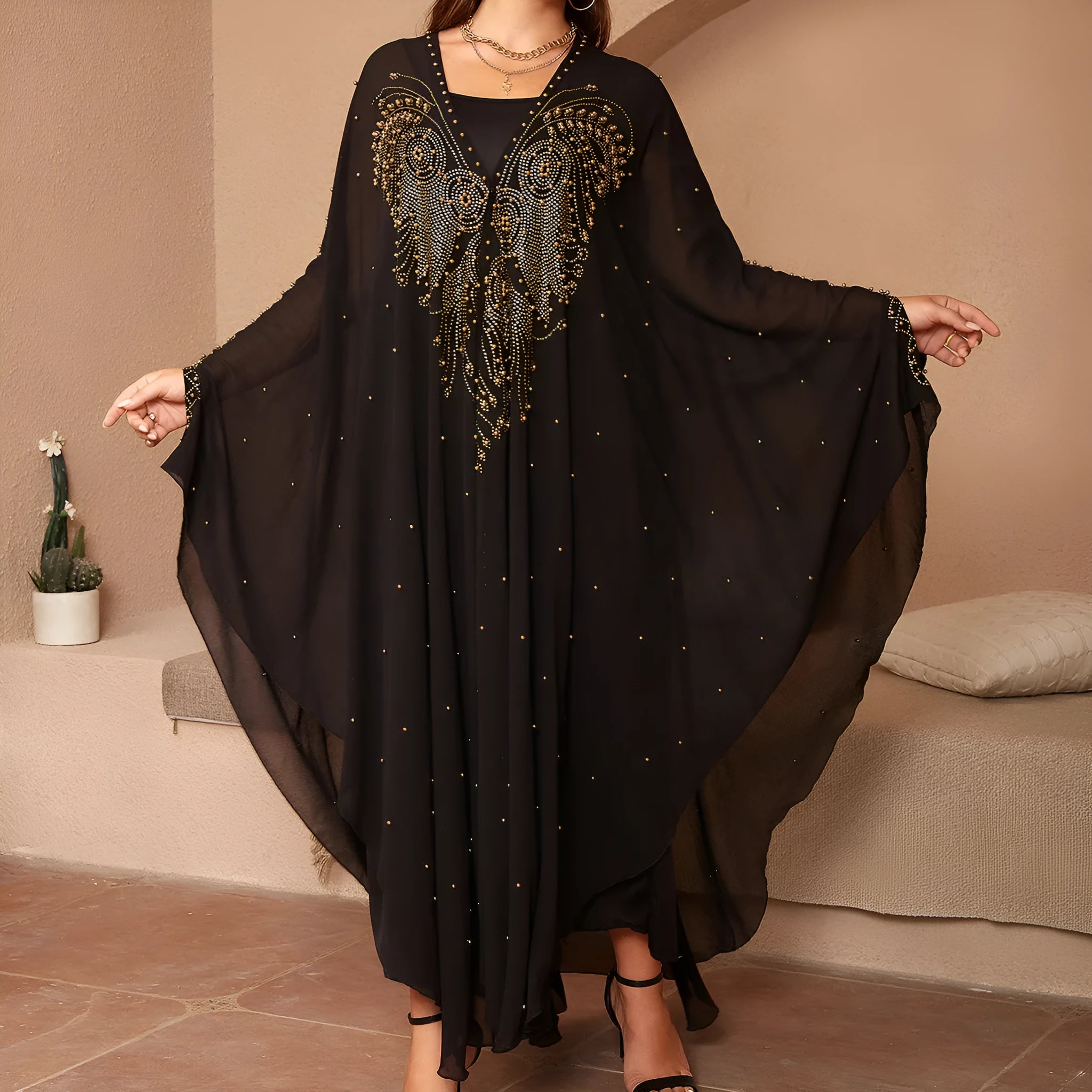 Muslim style chiffon shawl with rhinestone beading in purple colour