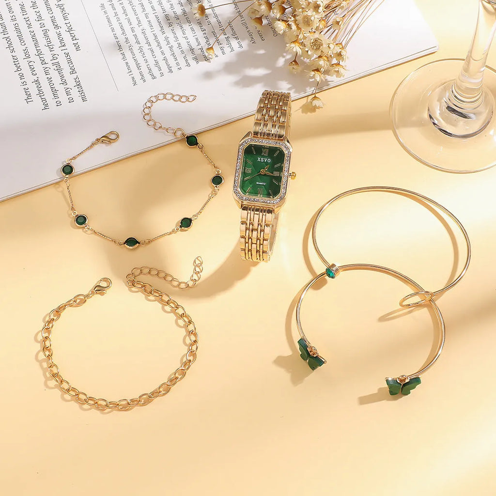 Gold green square women's watch with four matching bracelets, alloy case and jewellery buckle
