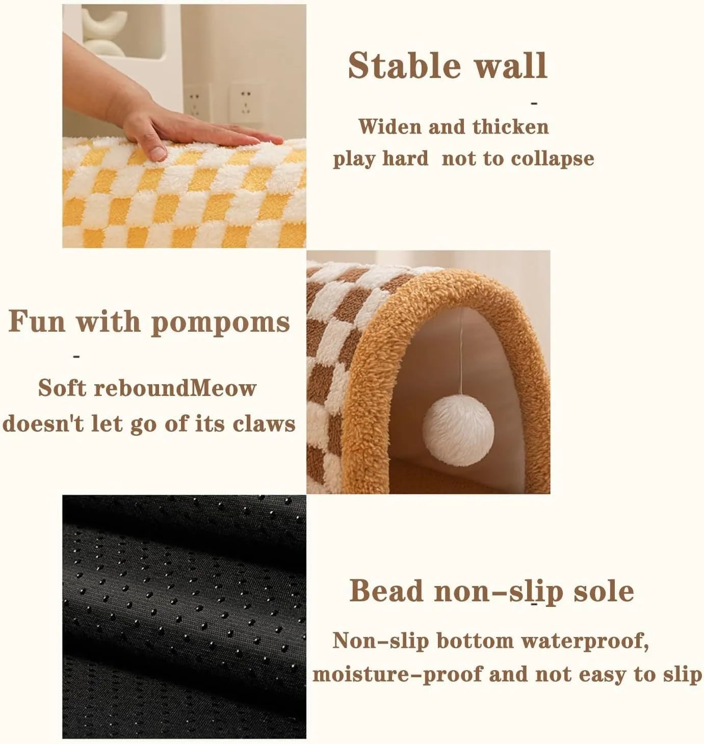 Brown plush plaid cat tunnel bed with central mat and zippered collapsible tunnel for indoor cats