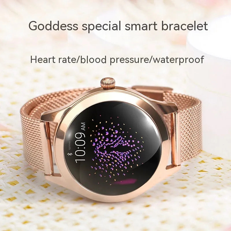 Women's sports smartwatch with colour display showing heart rate monitoring, available in black, rose gold, silver, and white colours