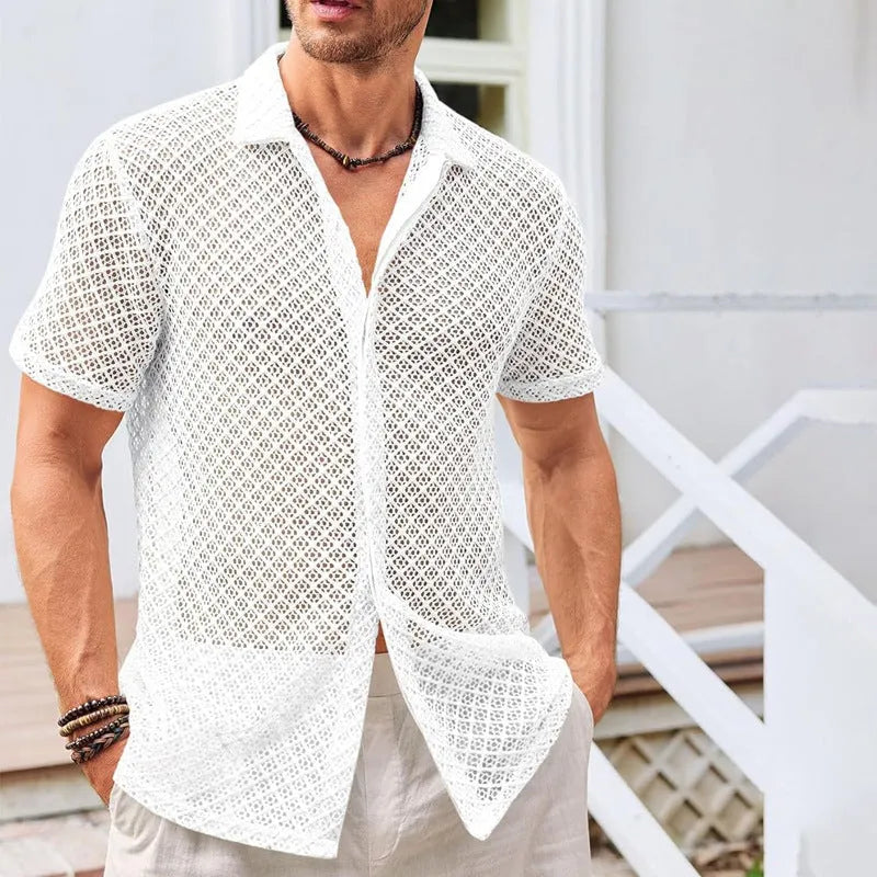 Men's solid colour short sleeve shirt with a lapel collar, shown in milky white.