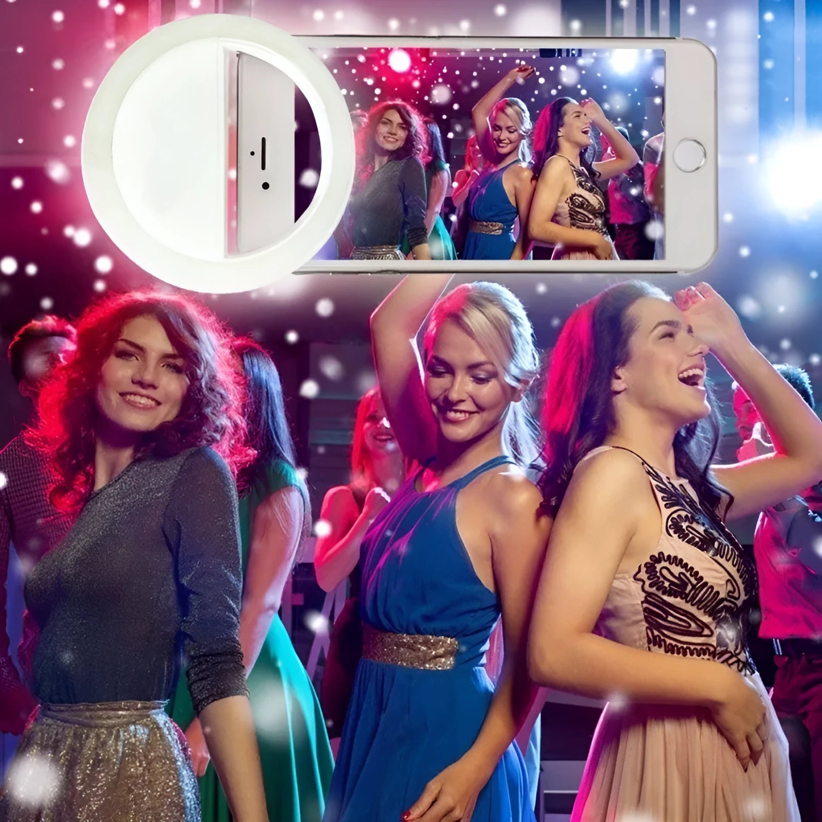 Green selfie ring light clipped to smartphone showing LED bulbs for photography lighting