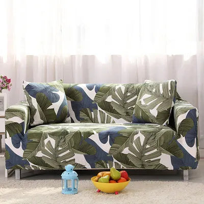 Printed stretch sofa cover with geometric pattern on three-seater sofa