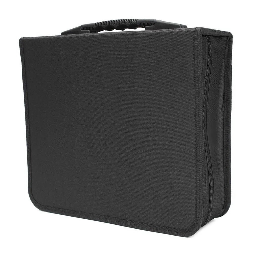 Black Oxford fabric CD storage binder with hand strap and zipper, holding multiple discs.