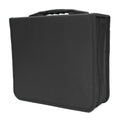 Black Oxford fabric CD storage binder with hand strap and zipper, holding multiple discs.