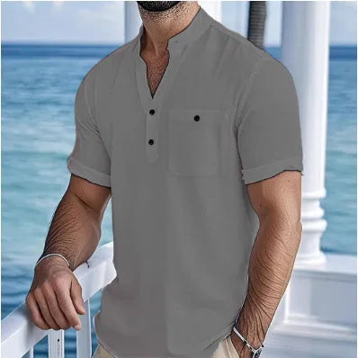 Men's linen stand collar t-shirt in light blue colour with short sleeves and loose fit