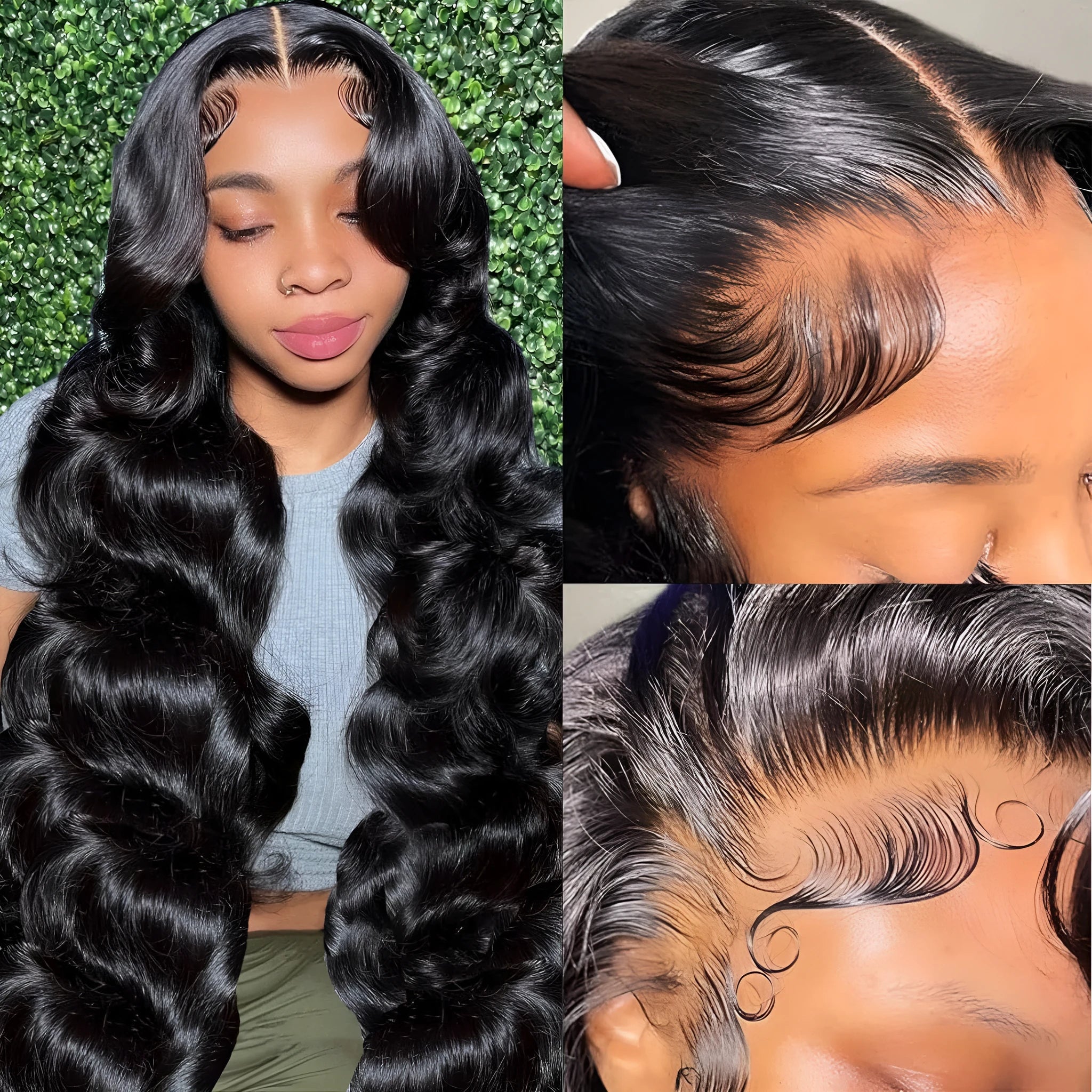 Black medium length curly synthetic wig on a stand, showing full head of loose curls.