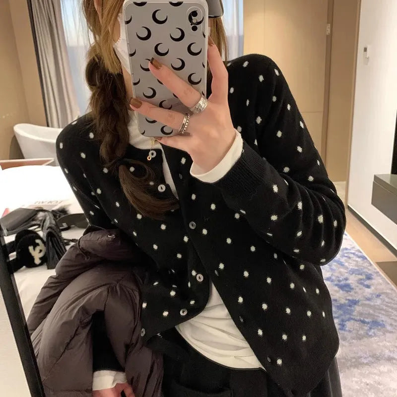 Women's grey dot crochet knitted cardigan with long sleeves and loose fit