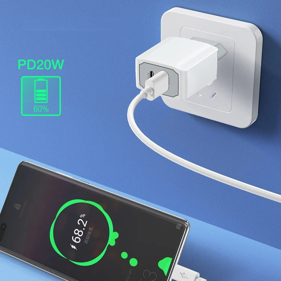 White phone fast charge charger set with USB cable and charging head on white background