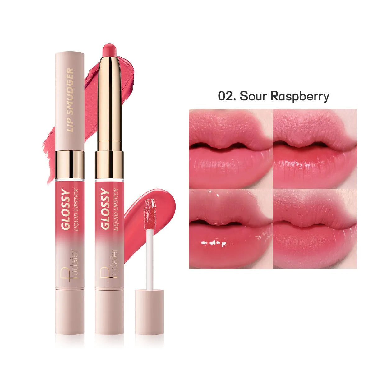 Double-headed lipstick showing matte finish on one end and matching gloss on the other