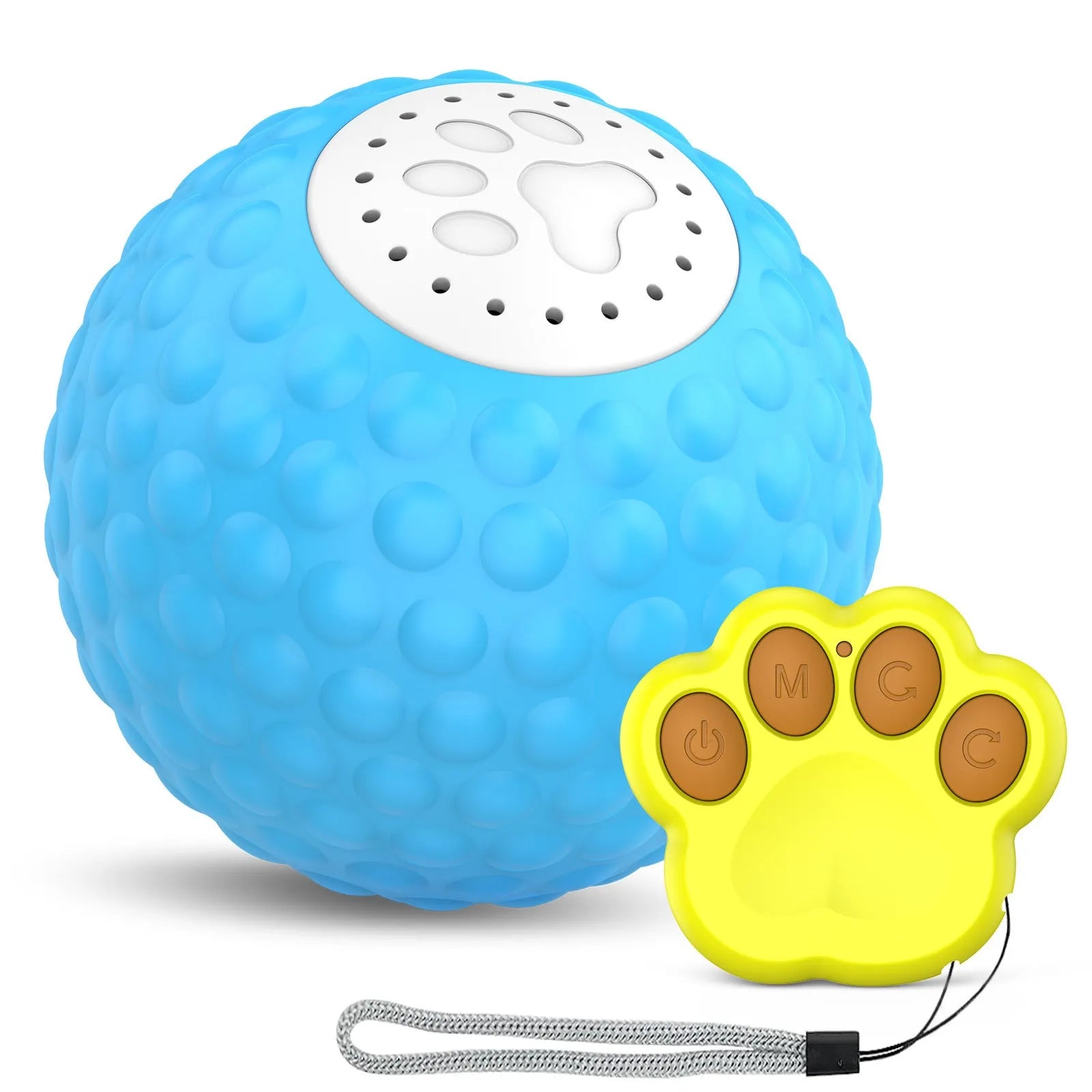Remote control and a blue interactive cat ball toy on a wooden floor.