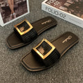 Women's apricot casual flat slippers with a PVC sole on a plain background.