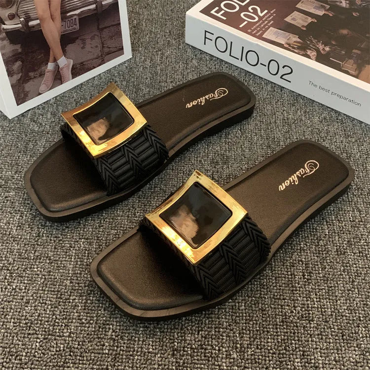 Women's apricot casual flat slippers with a PVC sole on a plain background.