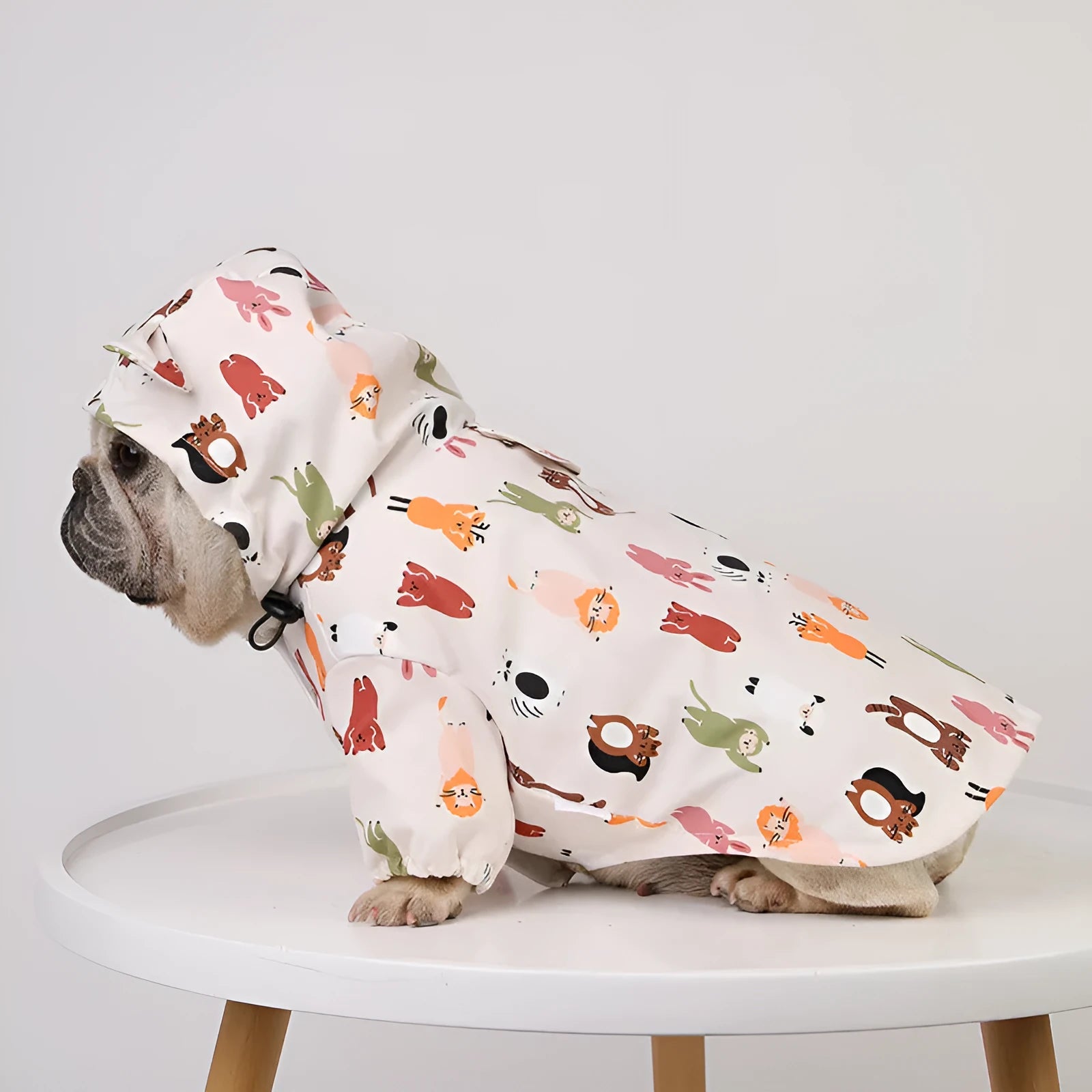 Beige cartoon pattern dog raincoat with double waterproof coating and PU material