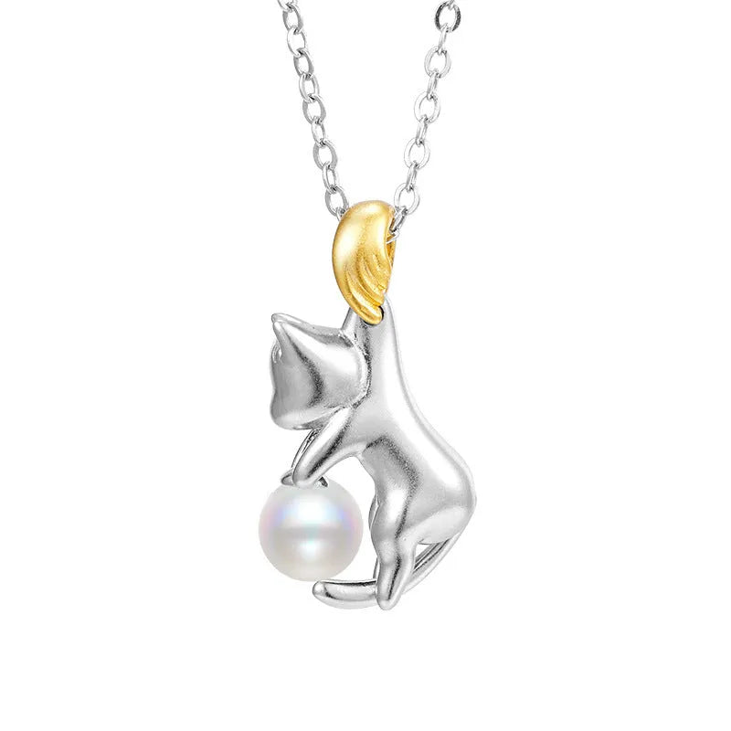 Niche design sterling silver clavicle chain necklace with a detailed cat pendant.