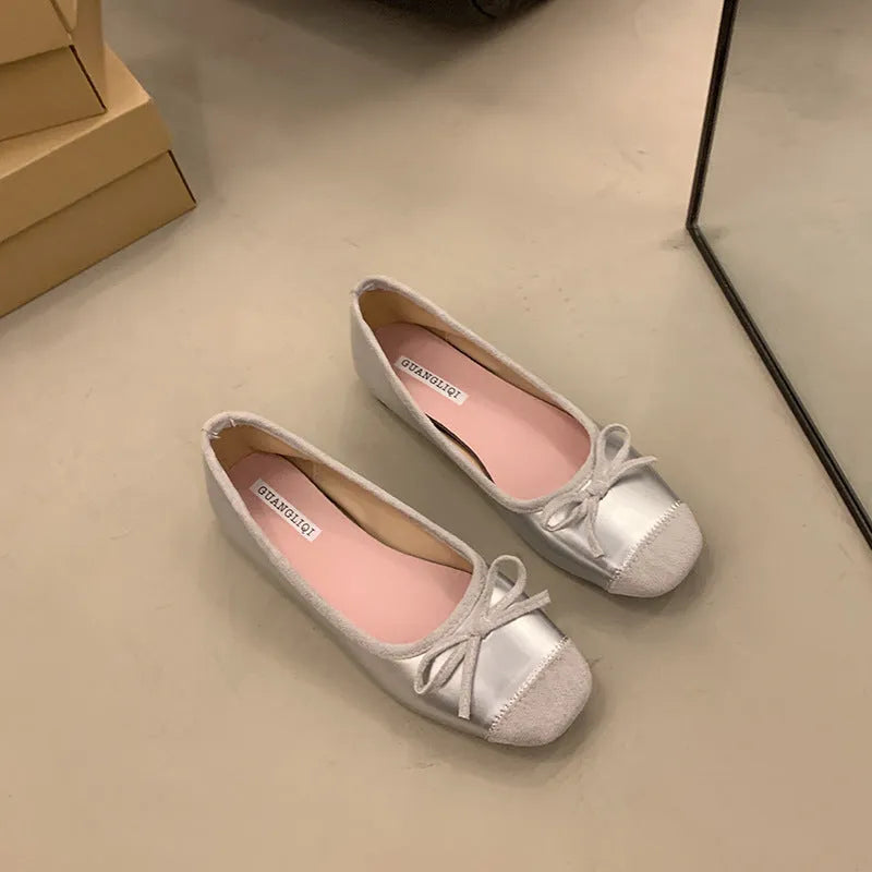 Women's wine red Mary Jane flat shoes with bow detail and square toe