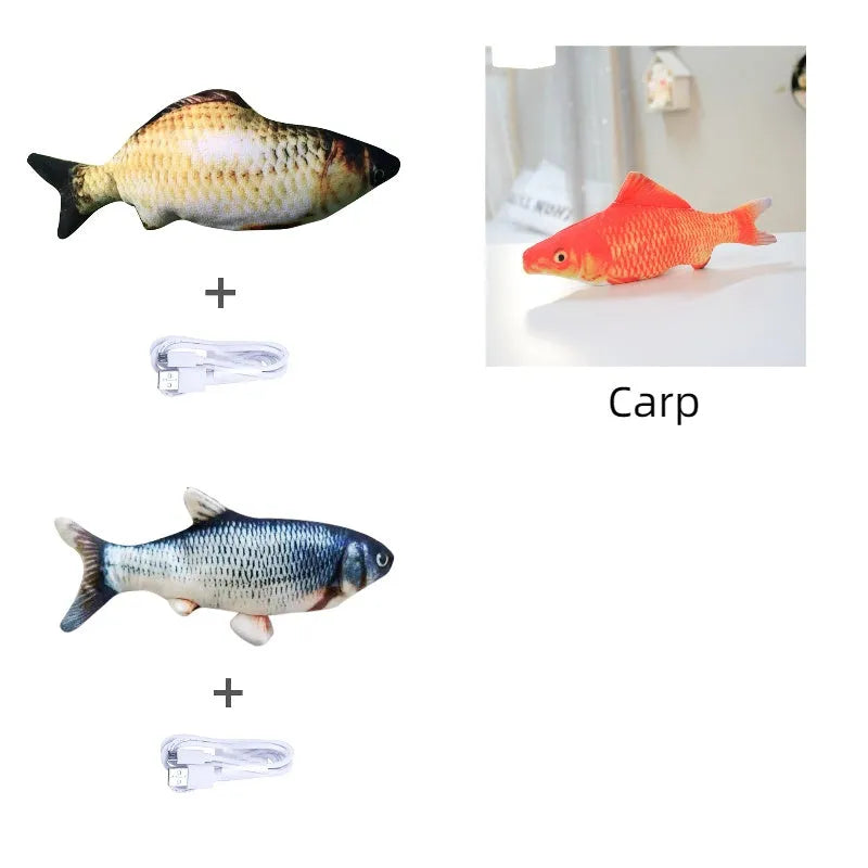 Electric jumping fish simulation cat toy showing multicolor options and USB charging cable.