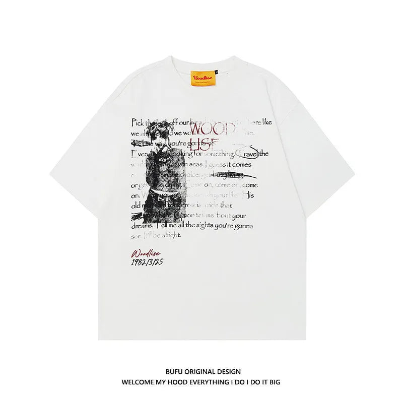 Men's black hip hop style cotton t-shirt with printed letters design and loose fit