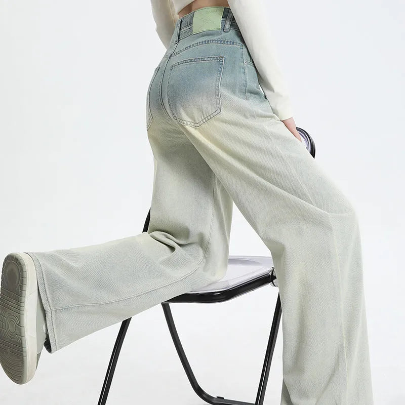Gradient blue wide-leg straight-leg women's trousers in cotton denim fabric.