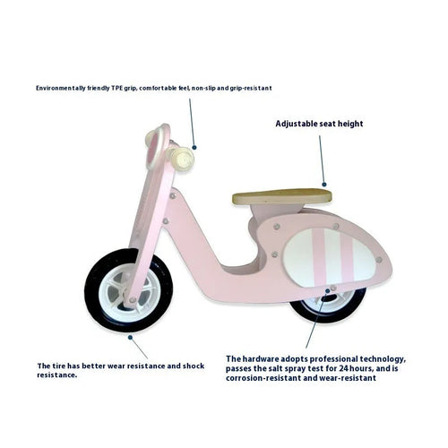 Pink wooden balance scooter for toddlers aged 1-6 years, 10-inch size