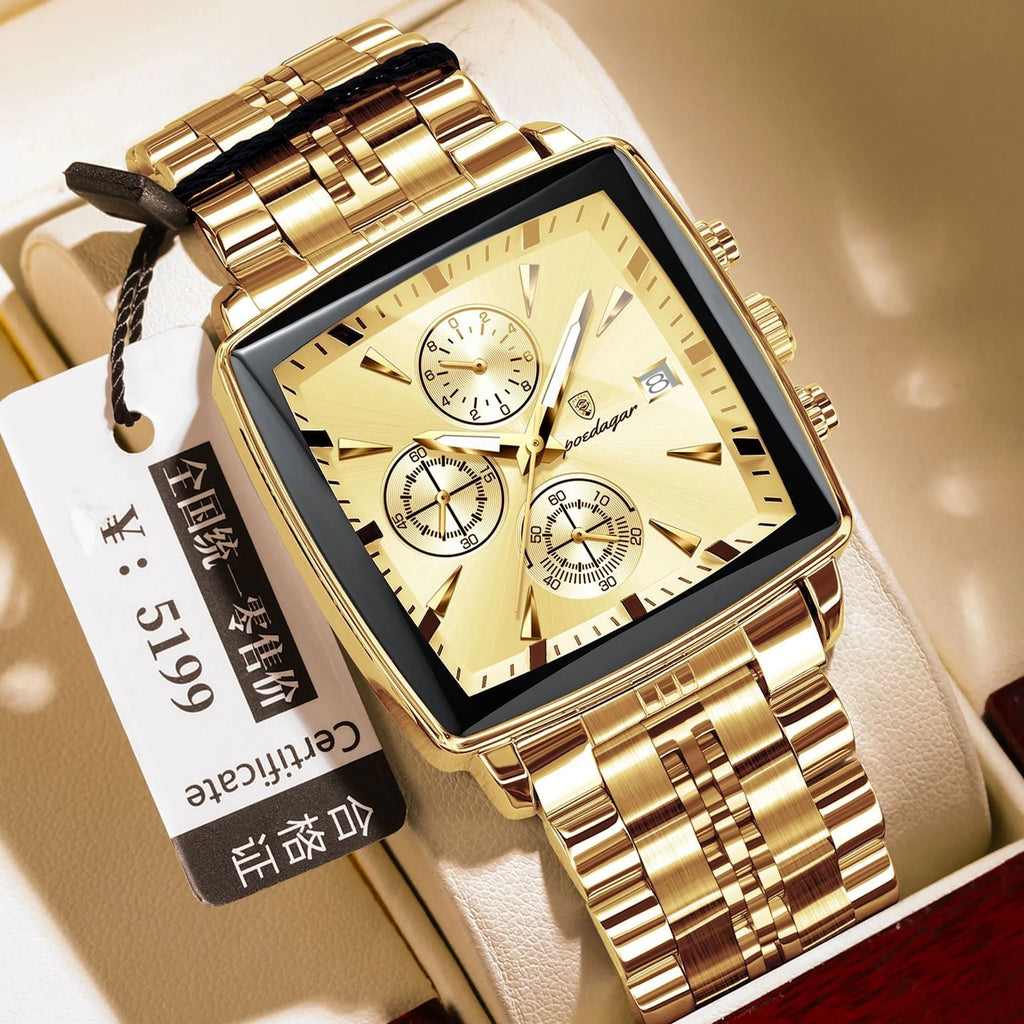 Square men's business watch with stainless steel strap showing gold case with blue dial colour option