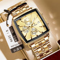 Square men's business watch with stainless steel strap showing gold case with blue dial colour option