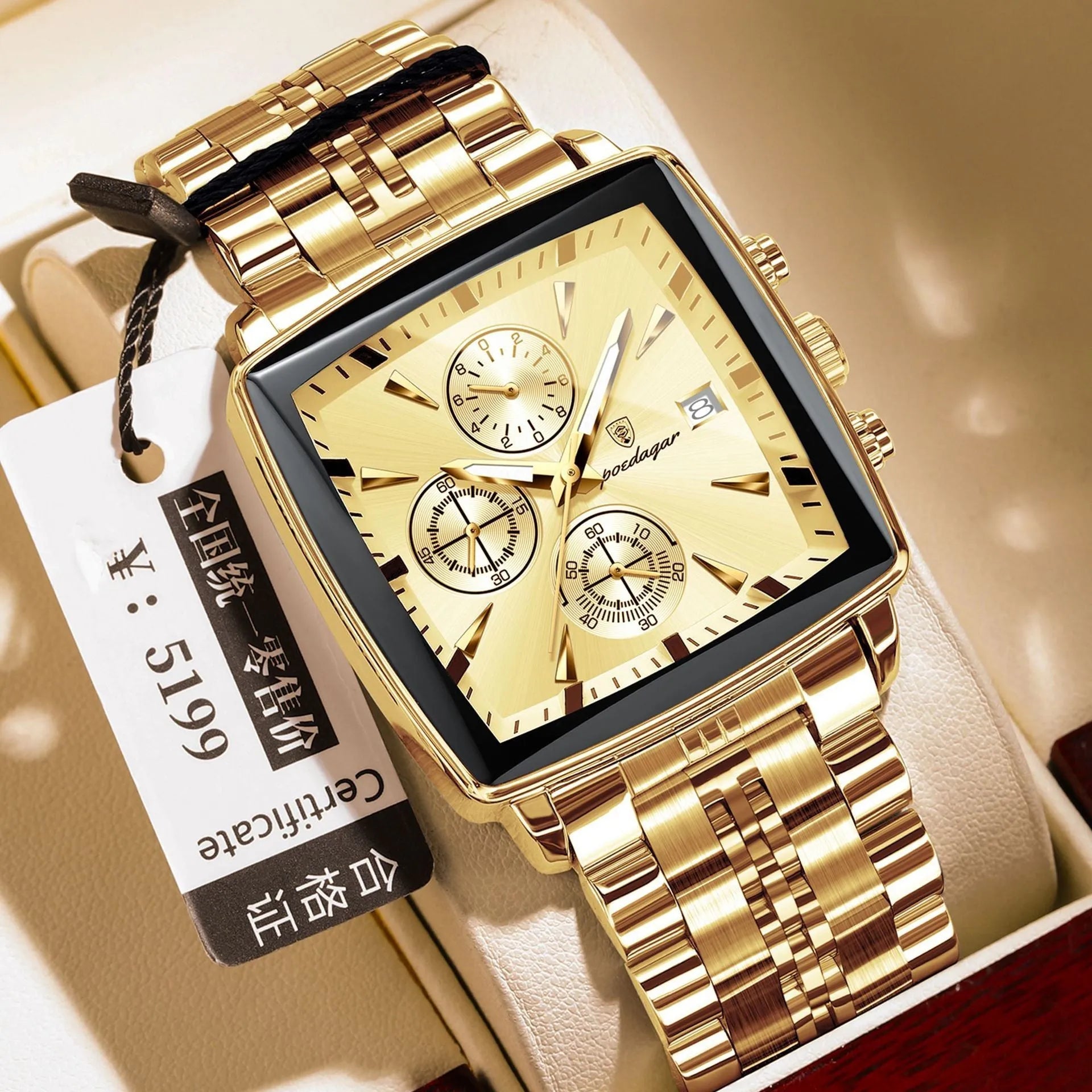 Square men's business watch with stainless steel strap showing gold case with blue dial colour option