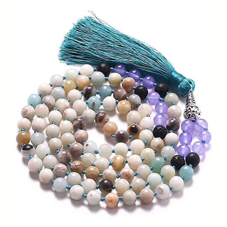 Long colourful agate and stone bead necklace with a geometric tassel, measuring 95-100cm
