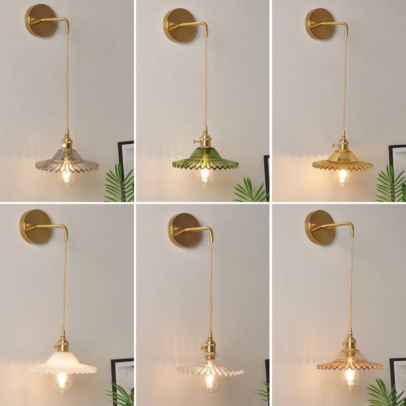 Retro brass lotus wall lamp with copper body and glass shade in 22cm diameter