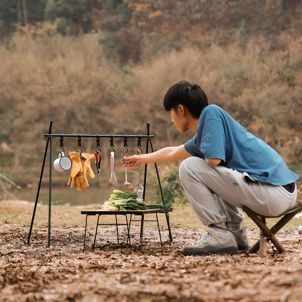 Aluminium alloy foldable camping clothes drying rack with triangular frame and side shelf