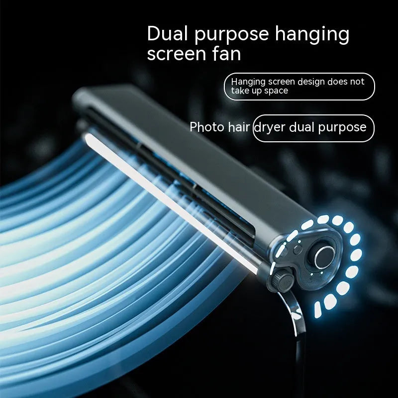 Black bladeless clip-on laptop fan with integrated lighting lamp attached to computer screen