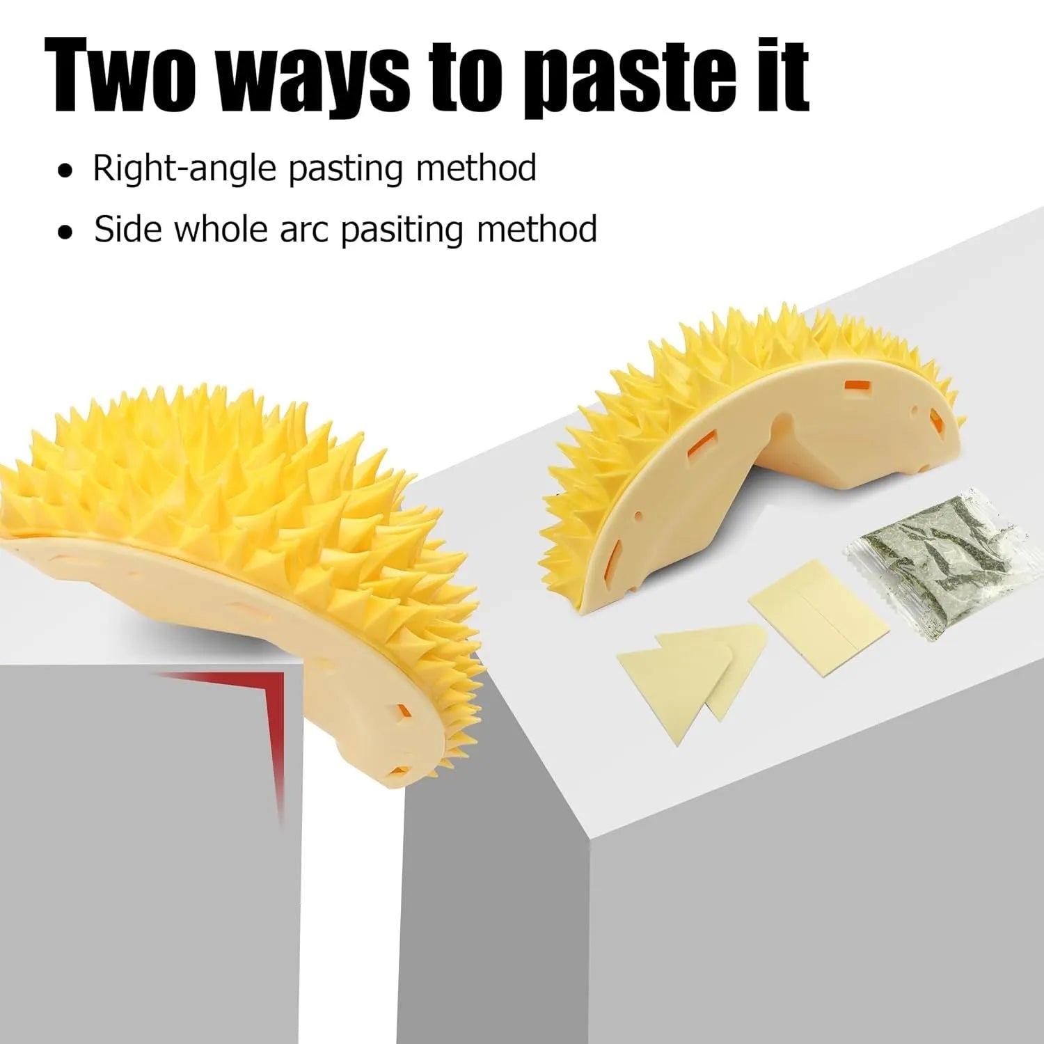 Yellow durian-shaped cat corner scratcher with textured surface and packet of cat mint powder