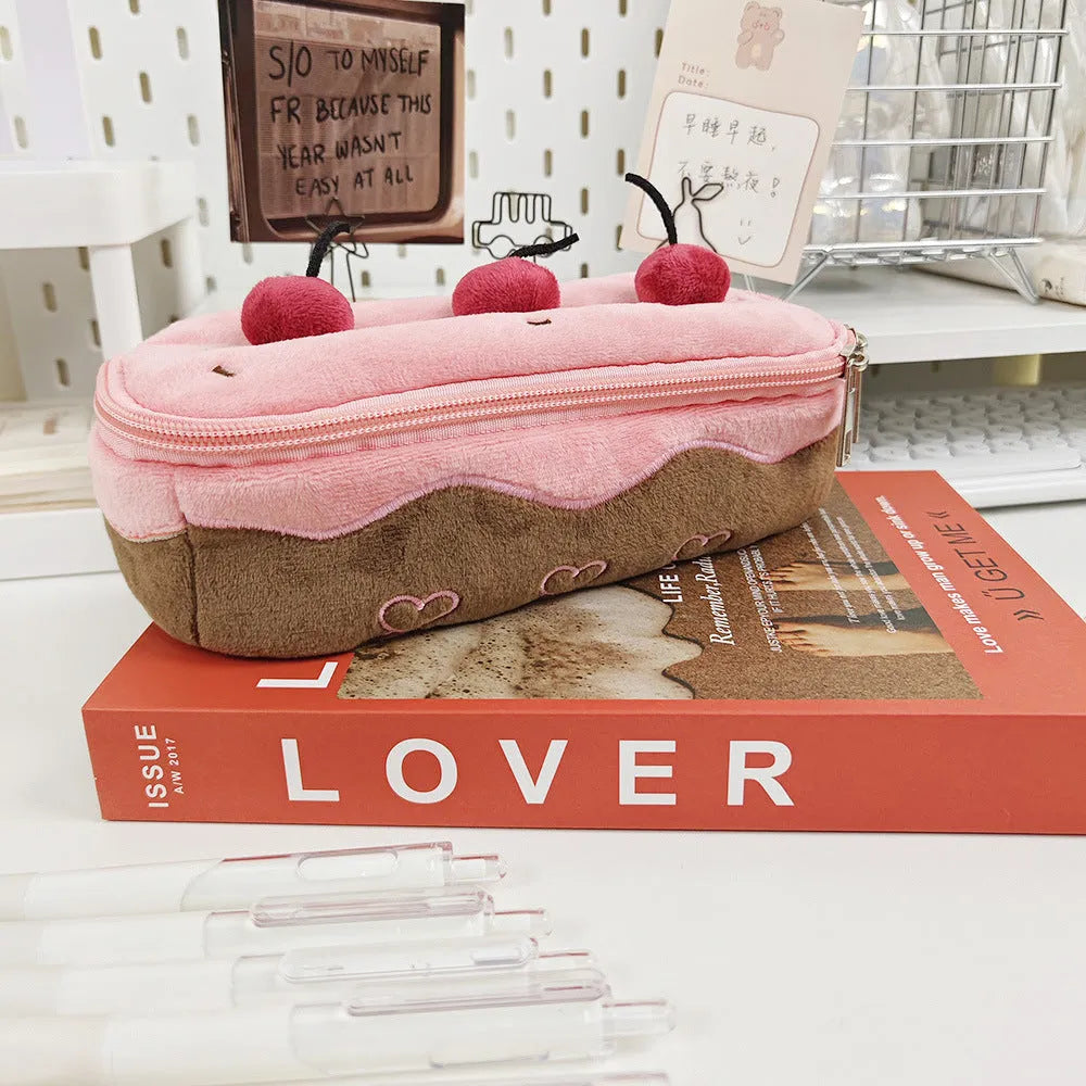 Korean style cherry cake design plush pencil case made from soft red velvet fabric.