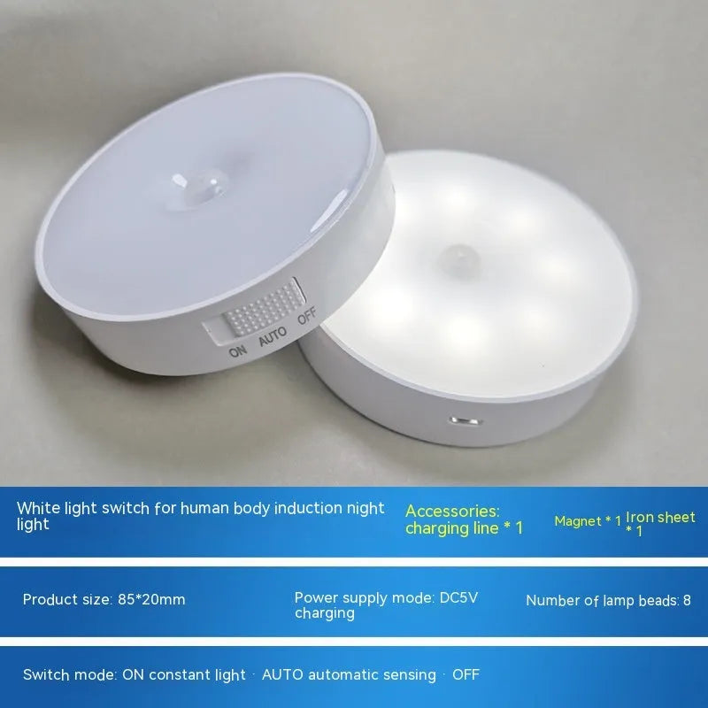 Small white USB rechargeable motion sensor LED night light with adhesive backing