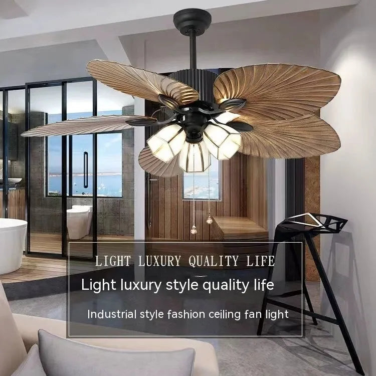 52-inch retro ceiling fan light with wooden blades and integrated lighting fixtures