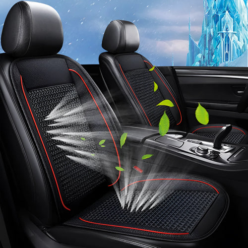 Black car ventilation seat cushion measuring 60cm square with power cord