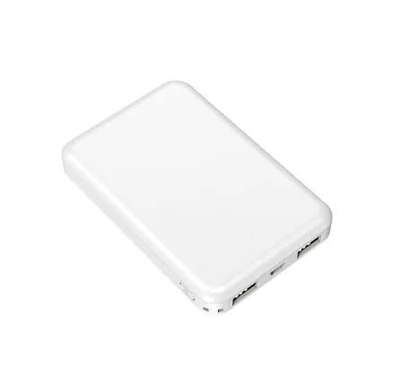 Black and white universal USB power bank for heated vests, showing compact size
