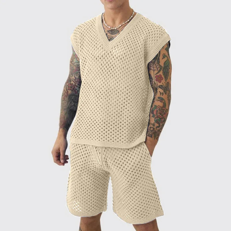 Men's blue knitted vest and shorts sports suit with V-neck design for summer athletic wear