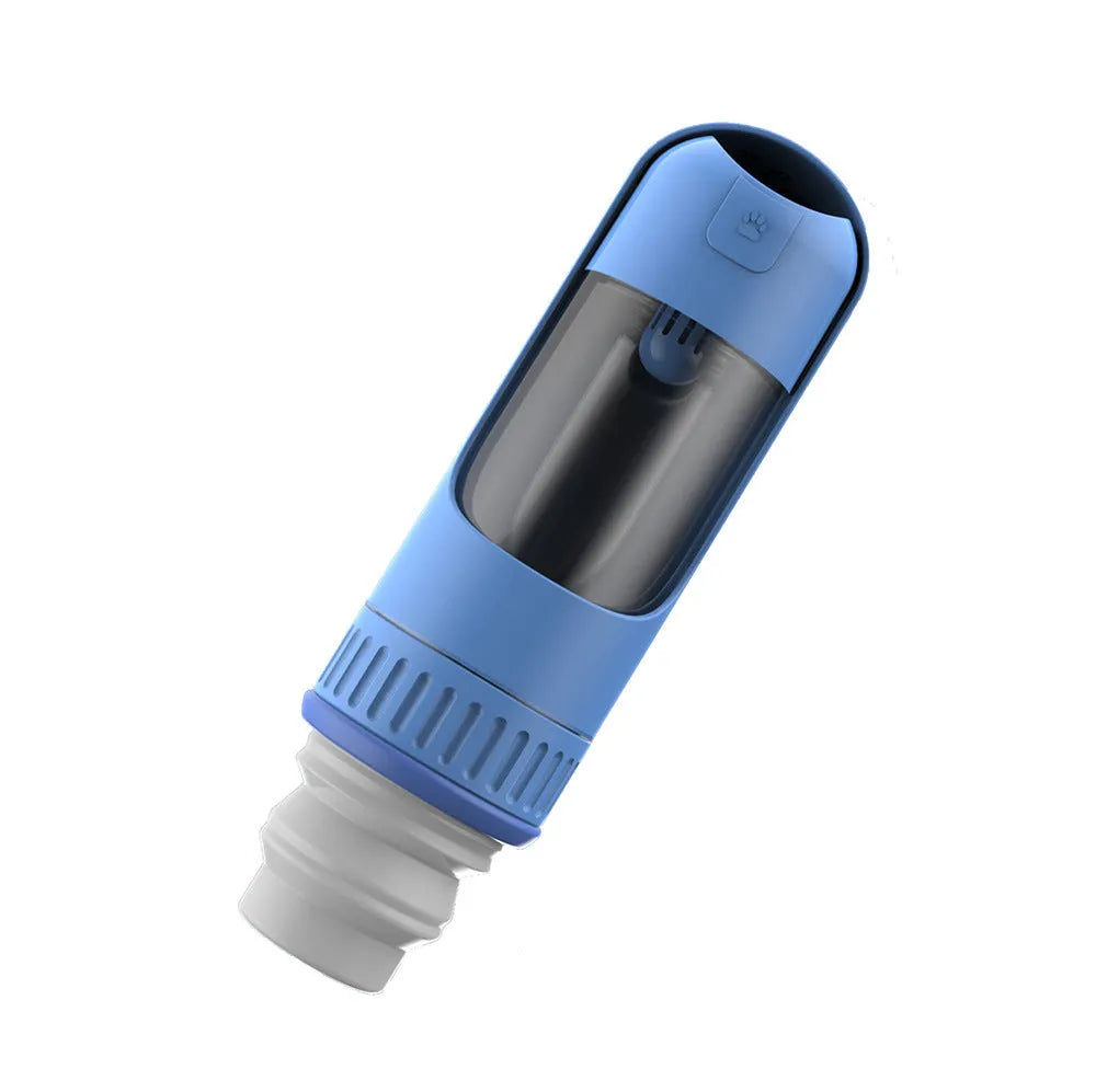 Dark blue portable dog water bottle with built-in drinking bowl, shown with leak-proof lock engaged.