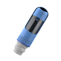 Dark blue portable dog water bottle with built-in drinking bowl, shown with leak-proof lock engaged.
