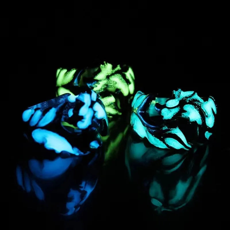 Chinese style luminous dragon pattern adjustable ring in antique silver blue and green colour.