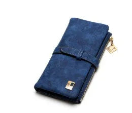 Korean retro matte leather long wallet open showing card slots and coin compartment