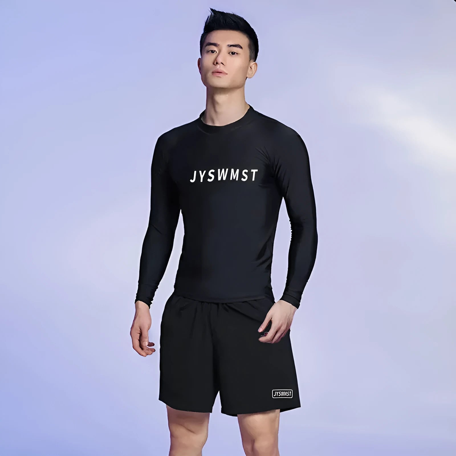 Men's plus size swimming trunks suit in polyester fabric showing complete set with top and pants