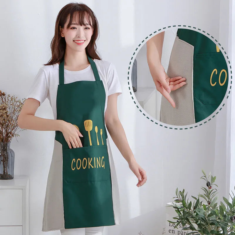 Sleeveless waterproof kitchen apron in coral velvet, shown in multiple colour options.