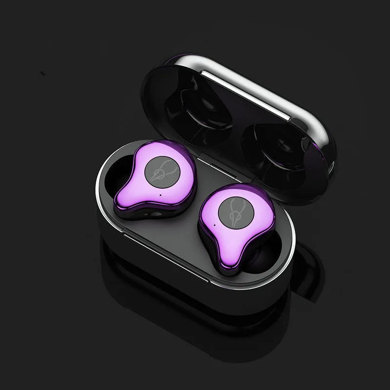 Wireless Bluetooth TWS earbuds in a charging case, showing colour options: Coffee, Coppery, Grey, Purple, Red, Silver.