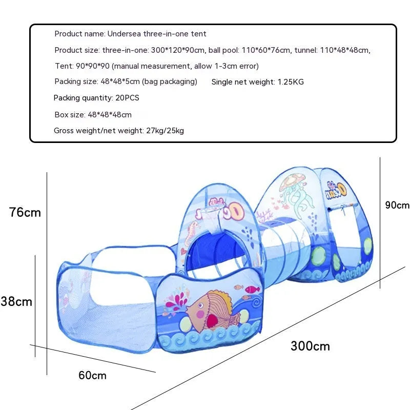 Three-in-one children's cartoon tent with tunnel and ball pool in marine themes for girls aged 4-6
