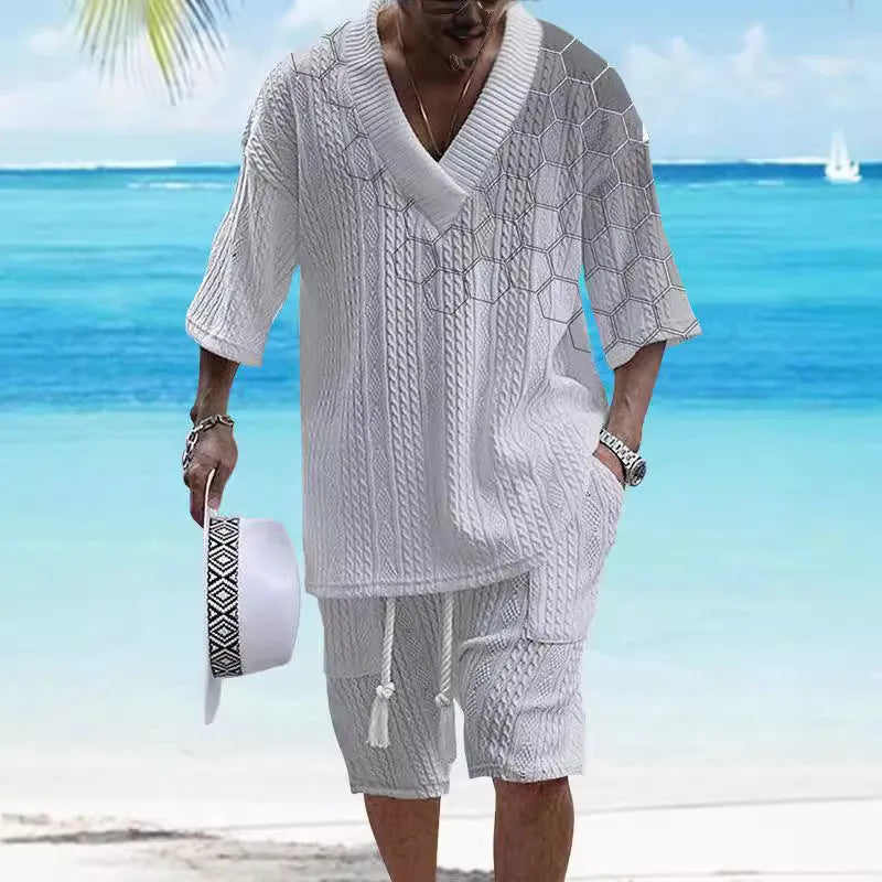 Men's knitted drop-shoulder short-sleeved top and matching shorts set in a printed design